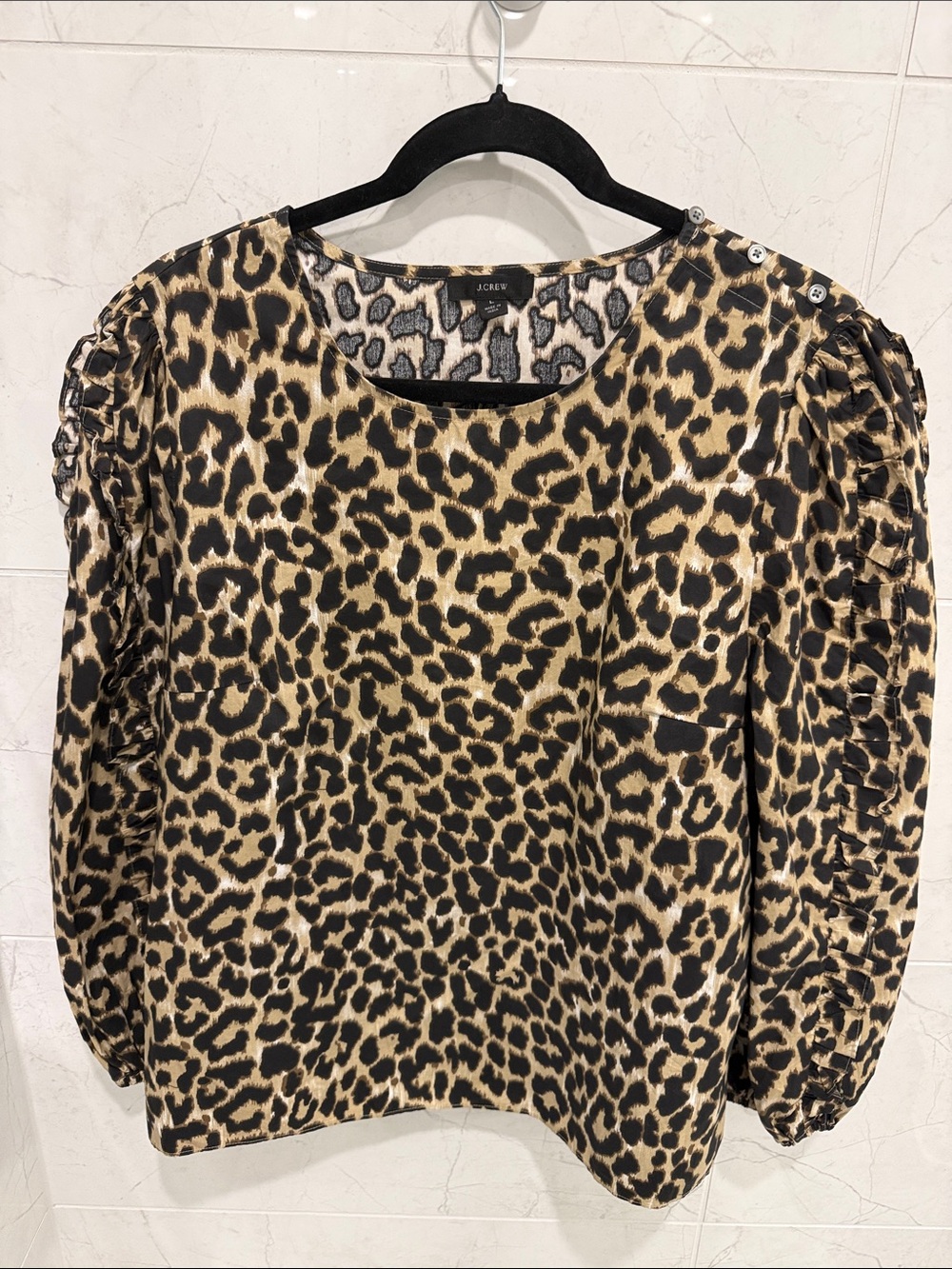 J. Crew Leopard-Print Puff Sleeve Blouse - Black & Tan